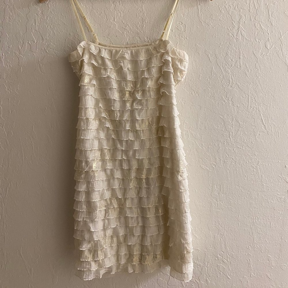 White with gold ruffle dress, G by Guess